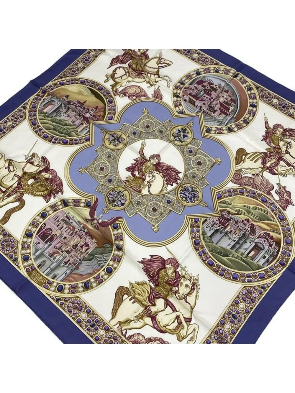 ★SOLD★ Hermes Scarf Carre 90 Ivory Purple Multi le Triomphe du Paladin - Picture 1 of 7